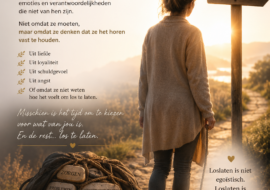 Woman standing on a sunset path, looking at wooden signposts with Dutch phrases about letting go and personal choice; warm, hopeful background.