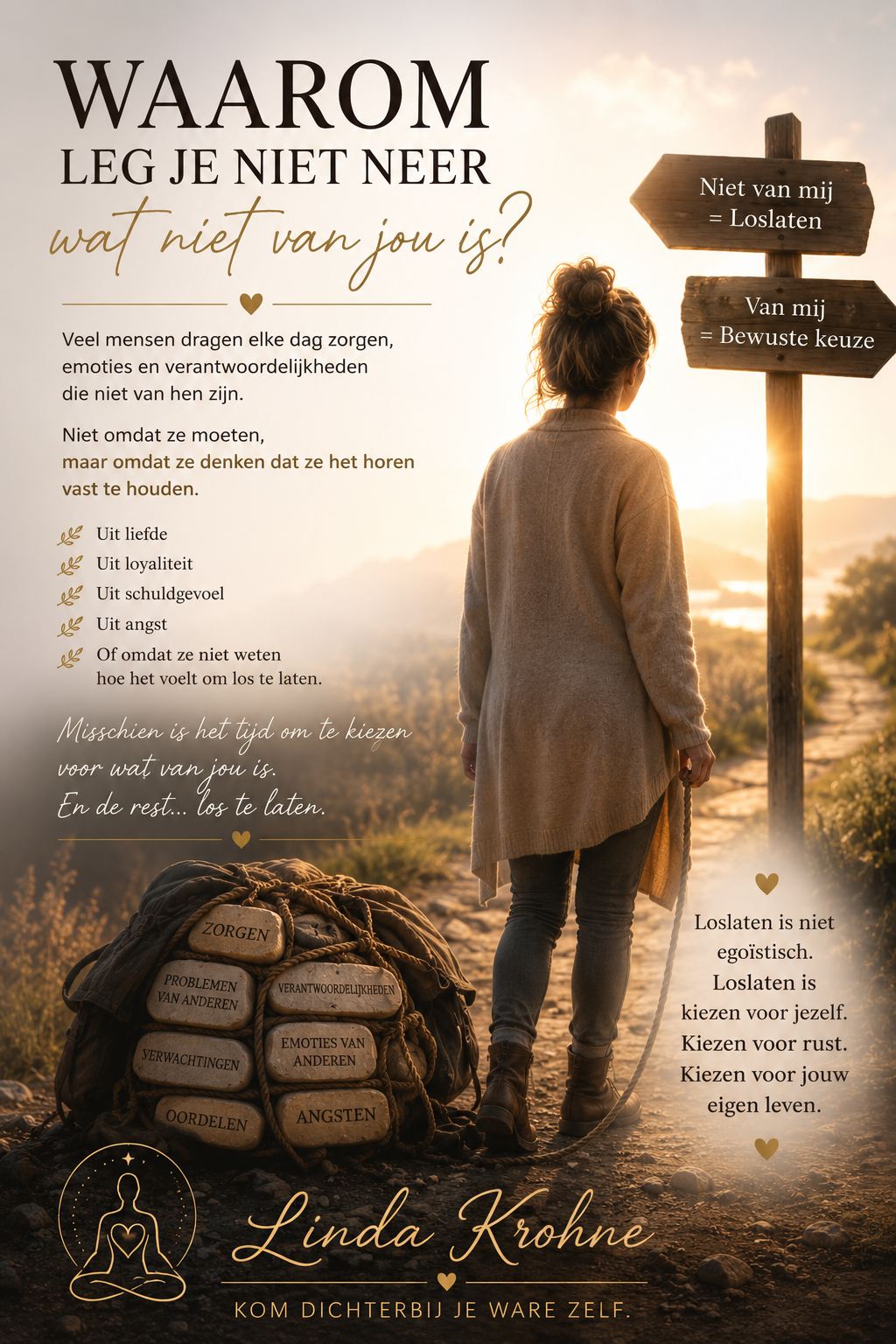 Woman standing on a sunset path, looking at wooden signposts with Dutch phrases about letting go and personal choice; warm, hopeful background.