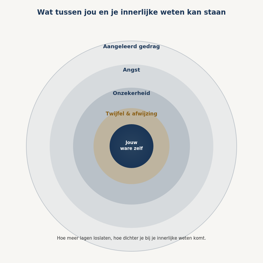Diagram: de lagen tussen jou en je innerlijke weten - aangeleerd gedrag, angst, onzekerheid, twijfel en afwijzing rondom je ware zelf